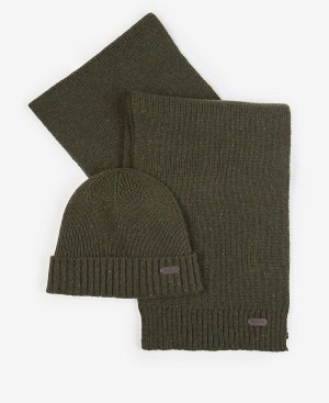 Barbour Carlton Fleck Beanie & Scarf Gift Set Olivengrøn | BABO89110